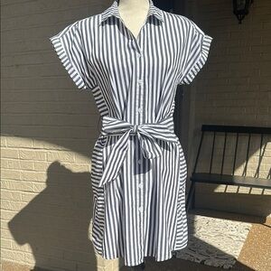 Greylin Striped Button-Up Dress with Waist Tie